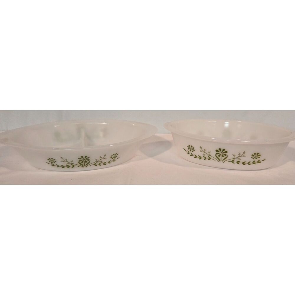 Vintage Glasbake Milk Glass Divided Casserole Dishes Green Floral Set of 2